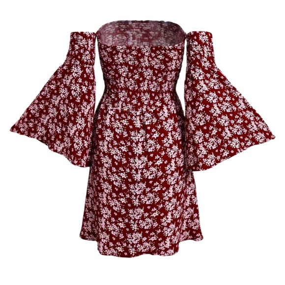 Red Boho Floral Off The Shoulder Dress - Picture 5 of 6